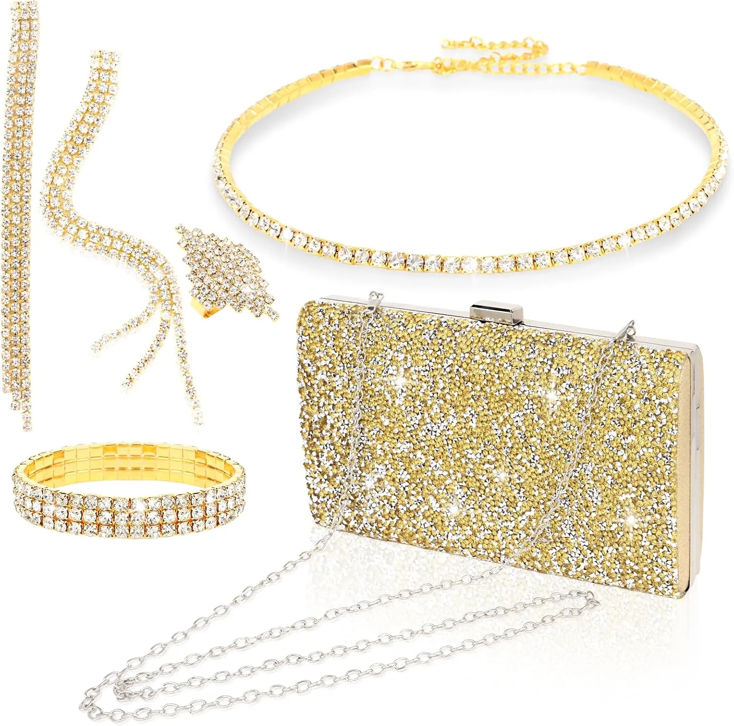 Wecoe 5pcs/set Jewelry Purse Set For Women Handbags Clutch Rhinestone Diamond Necklaces Bracelets Earrings Ring Set Wedding Bridal Prom Homecoming Costume Jewelry Formal Evening Bag Accessories