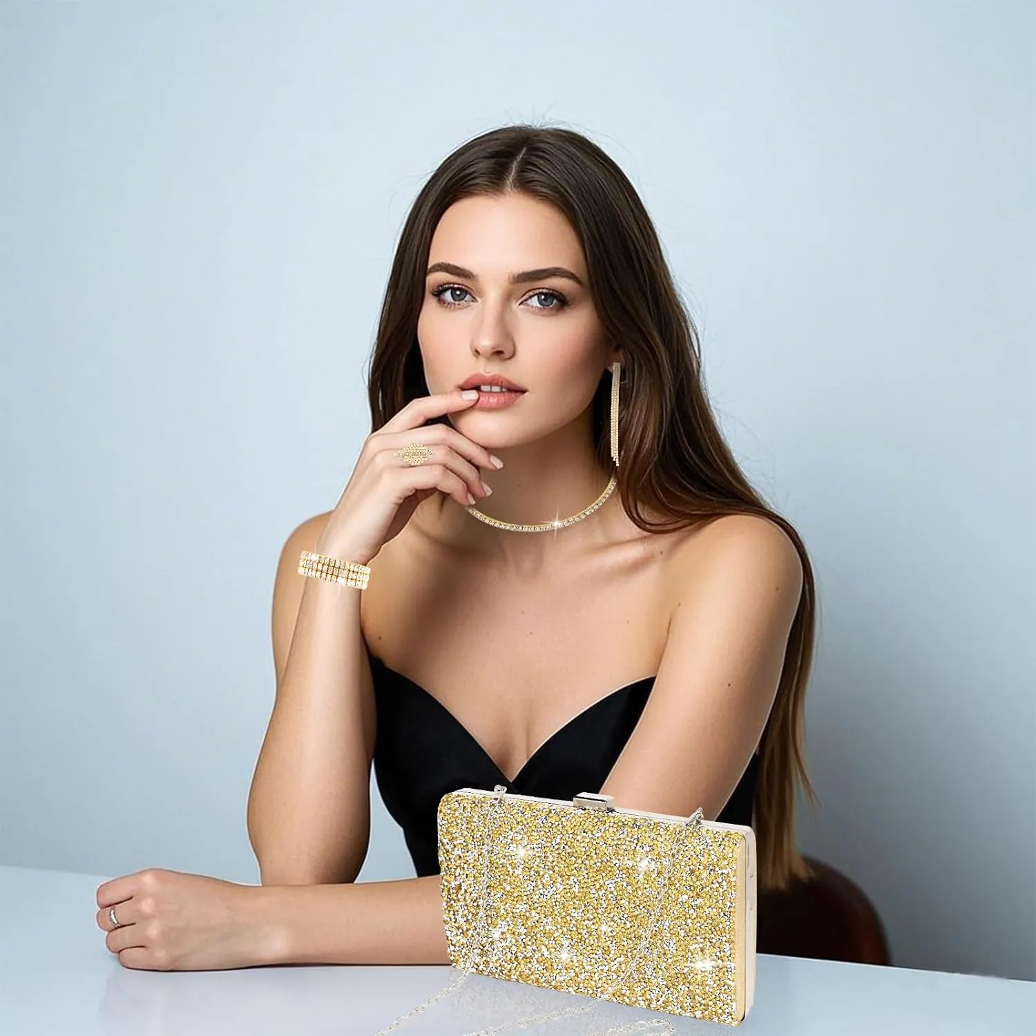 Wecoe 5pcs/set Jewelry Purse Set For Women Handbags Clutch Rhinestone Diamond Necklaces Bracelets Earrings Ring Set Wedding Bridal Prom Homecoming Costume Jewelry Formal Evening Bag Accessories
