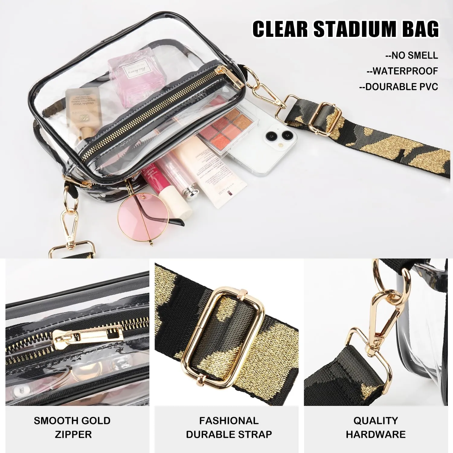 WEDDINGHELPER Clear Crossbody Bag, Clear Bag Stadium Approved Clear Purse with Adjustable Strap for Sports Concerts Festivals