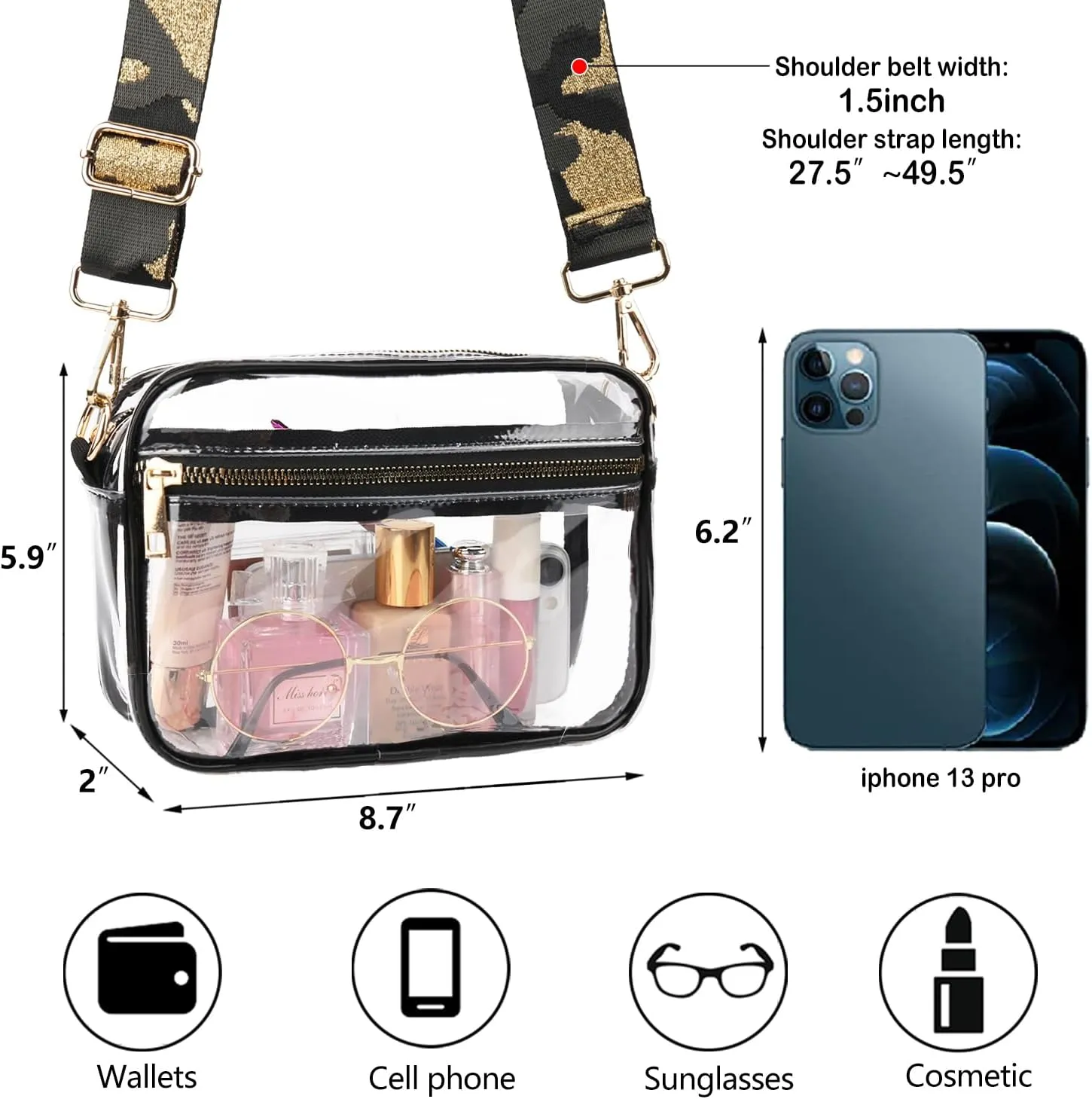 WEDDINGHELPER Clear Crossbody Bag, Clear Bag Stadium Approved Clear Purse with Adjustable Strap for Sports Concerts Festivals