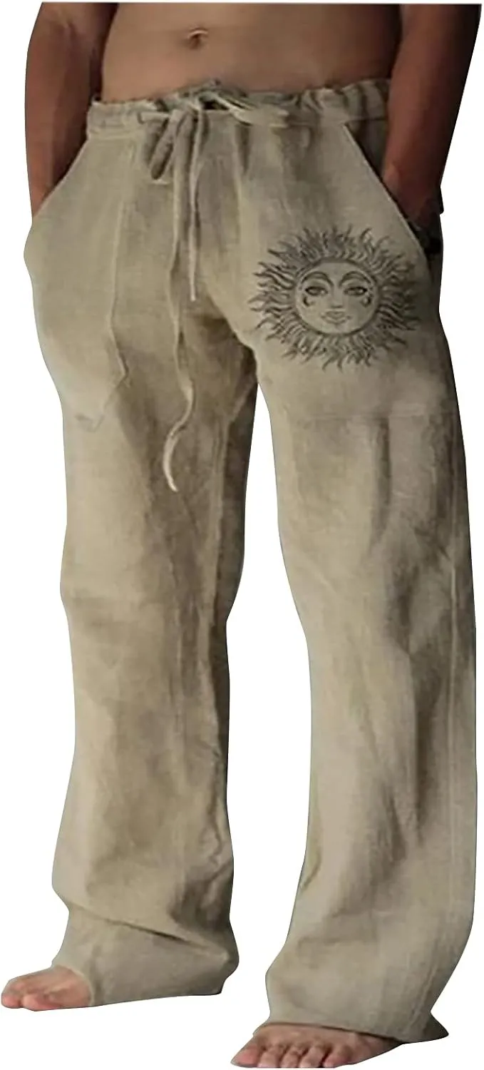 WENKOMG1 Mens Cotton Linen Pants,Drawstring Pull On Wide Leg Bottoms Loose Fit Comfy Baggy Lounge Wide Leg Trousers