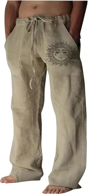 WENKOMG1 Mens Cotton Linen Pants,Drawstring Pull On Wide Leg Bottoms Loose Fit Comfy Baggy Lounge Wide Leg Trousers