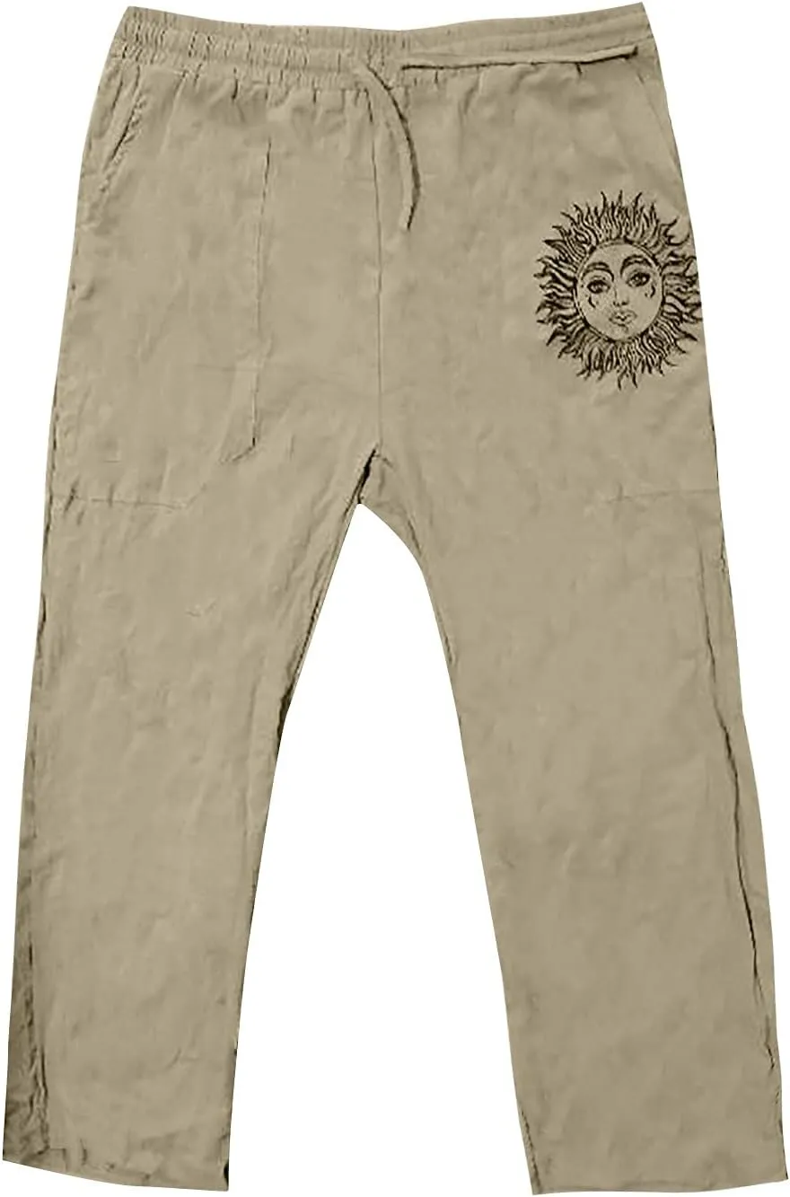 WENKOMG1 Mens Cotton Linen Pants,Drawstring Pull On Wide Leg Bottoms Loose Fit Comfy Baggy Lounge Wide Leg Trousers