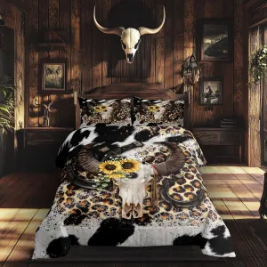 Western Cow Skull Comforter Queen,Retro Leopard Print and Cow Skin Patchwork Quilt Comforter with 2 Pillowcases,West Farmhouse Style Sunflowers Horseshoe Decor Bedding Set for Bedroom Decor