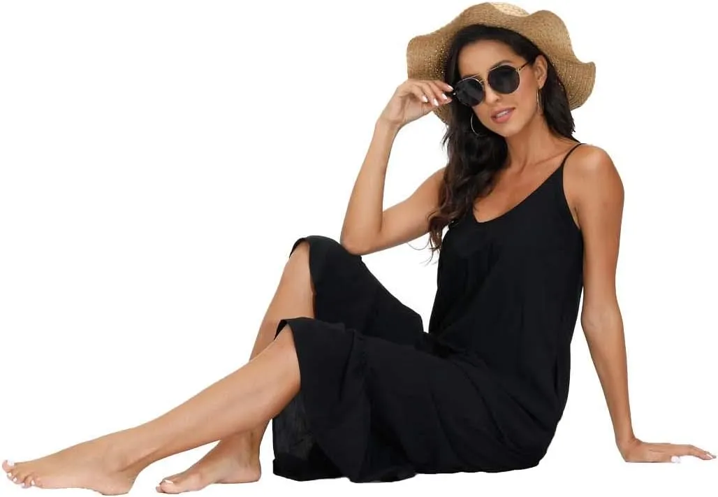 wexcen Women's V-Neck Floral Print Spaghetti Strap Boho Beach Long Maxi Summer Casual Dress with Pockets