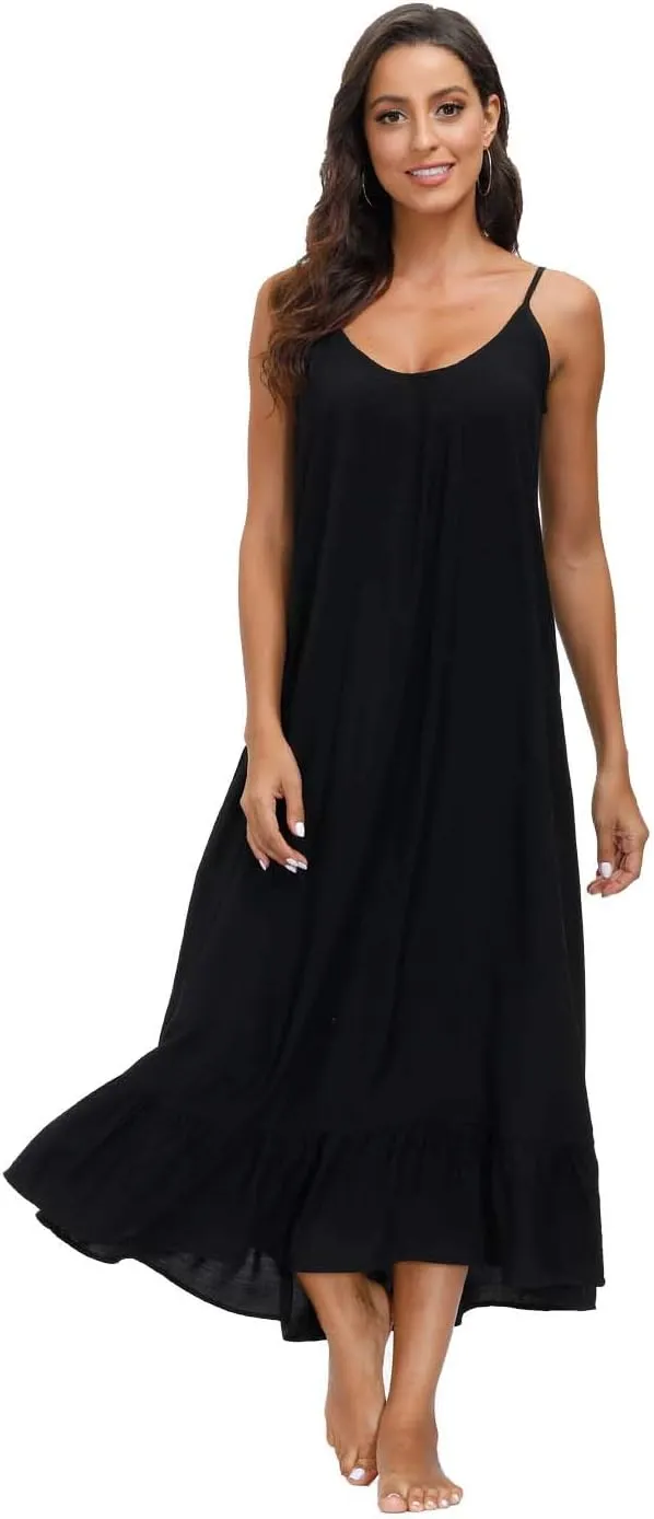 wexcen Women's V-Neck Floral Print Spaghetti Strap Boho Beach Long Maxi Summer Casual Dress with Pockets