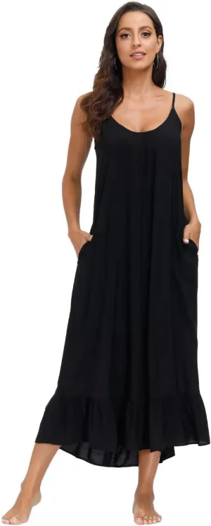wexcen Women's V-Neck Floral Print Spaghetti Strap Boho Beach Long Maxi Summer Casual Dress with Pockets