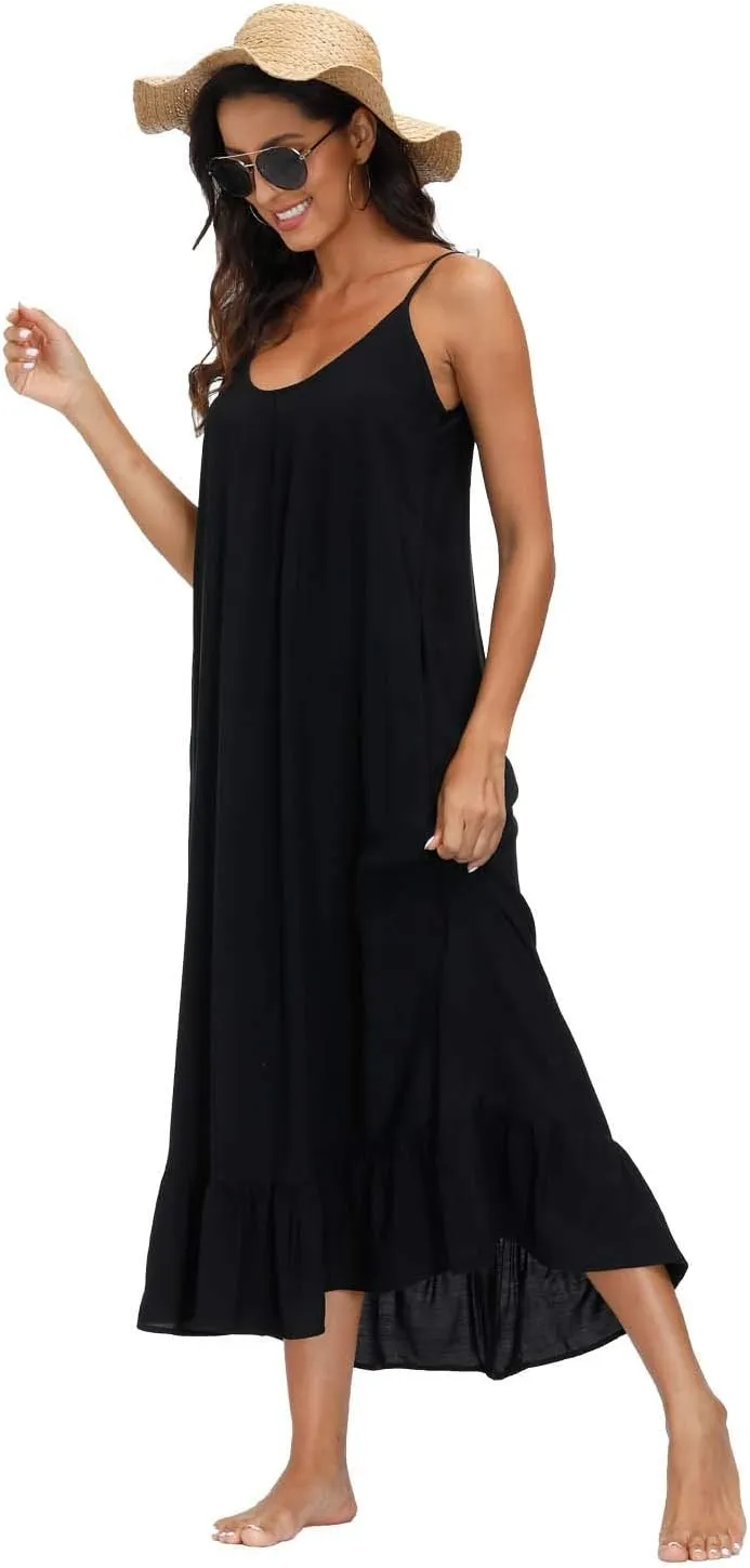 wexcen Women's V-Neck Floral Print Spaghetti Strap Boho Beach Long Maxi Summer Casual Dress with Pockets