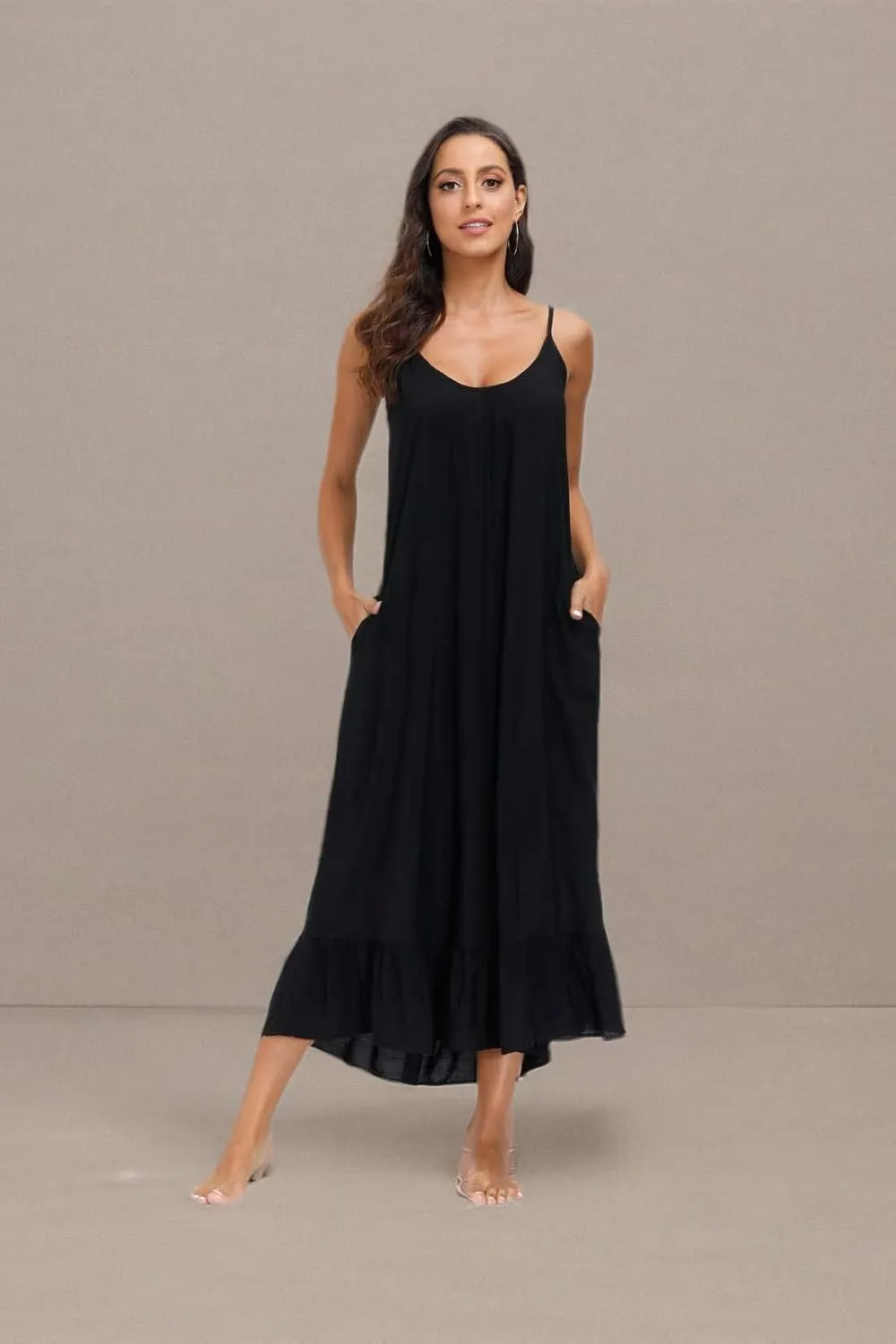 wexcen Women's V-Neck Floral Print Spaghetti Strap Boho Beach Long Maxi Summer Casual Dress with Pockets