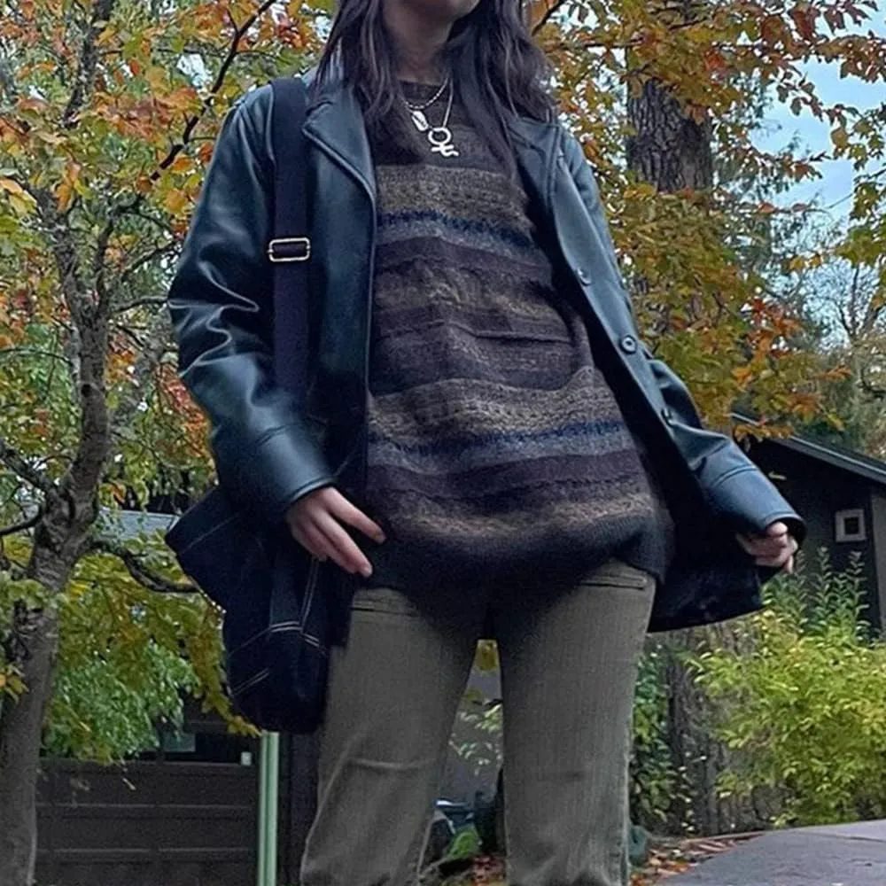 Winter 90s Grunge Aesthetic Streetwear Sweater Retro Y2k Vintage Gothic Loose Women Knit Pullover Striped Jumper