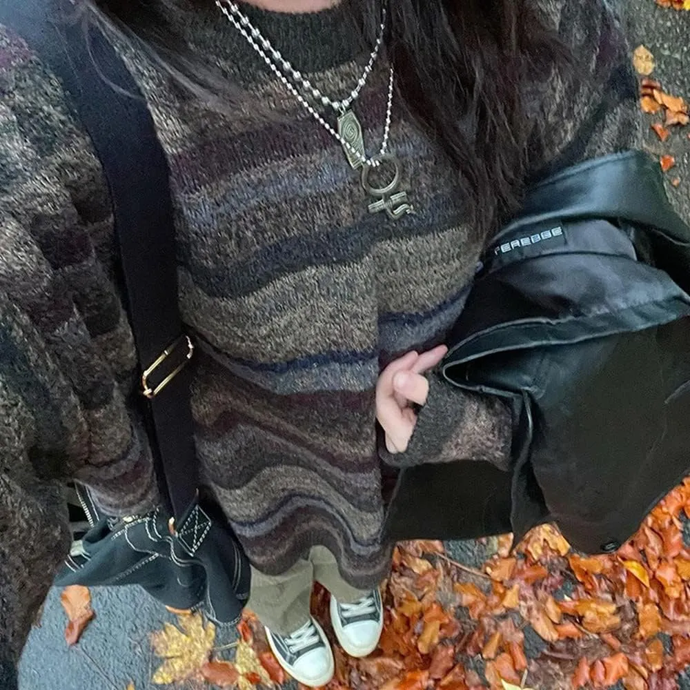 Winter 90s Grunge Aesthetic Streetwear Sweater Retro Y2k Vintage Gothic Loose Women Knit Pullover Striped Jumper
