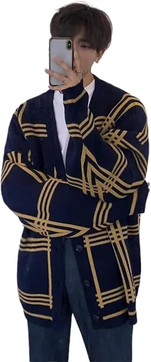 WOLONG Men's Cardigan Plaid Knit Spring & Autumn Trend, Handsome & Loose Fitting, V-Neck, Korean Style