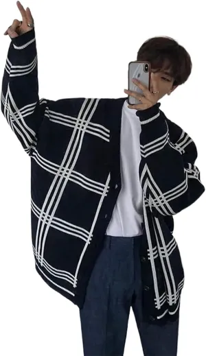 WOLONG Men's Cardigan Plaid Knit Spring & Autumn Trend, Handsome & Loose Fitting, V-Neck, Korean Style