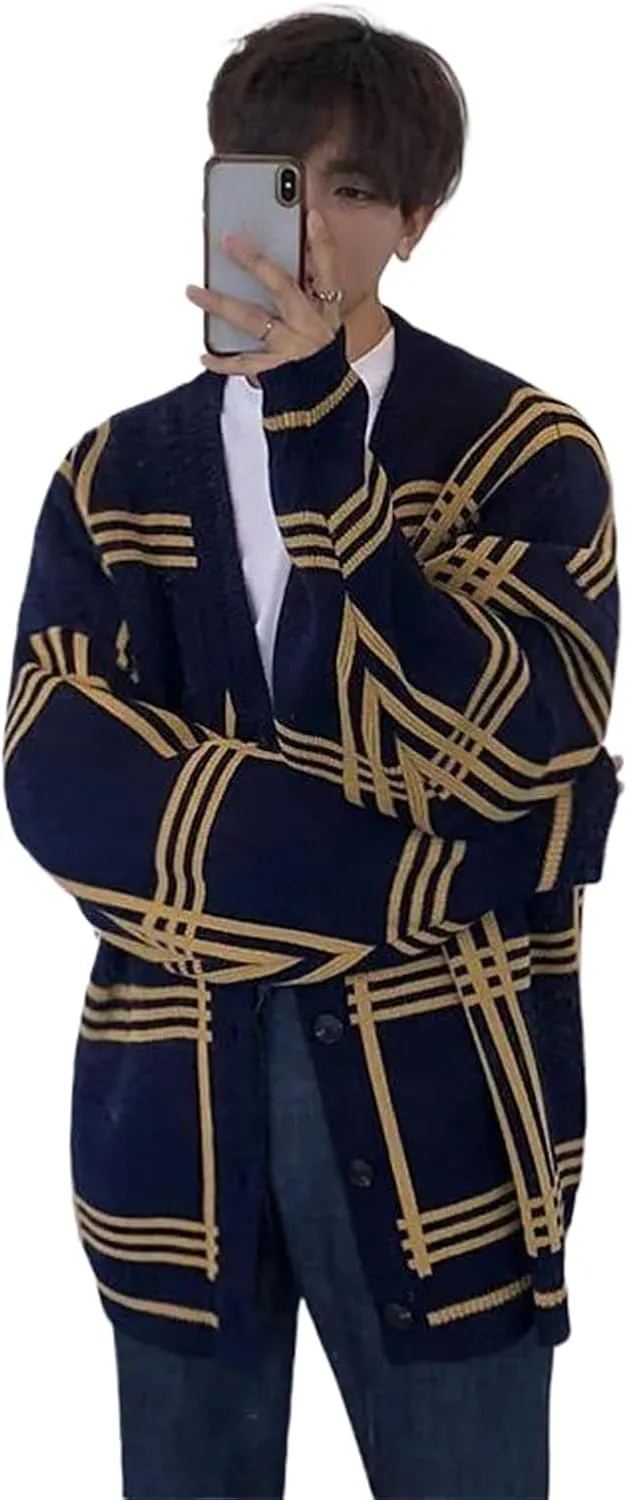 WOLONG Men's Cardigan Plaid Knit Spring & Autumn Trend, Handsome & Loose Fitting, V-Neck, Korean Style