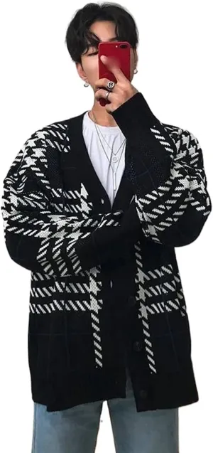 WOLONG Men's Cardigan Plaid Knit Spring & Autumn Trend, Handsome & Loose Fitting, V-Neck, Korean Style