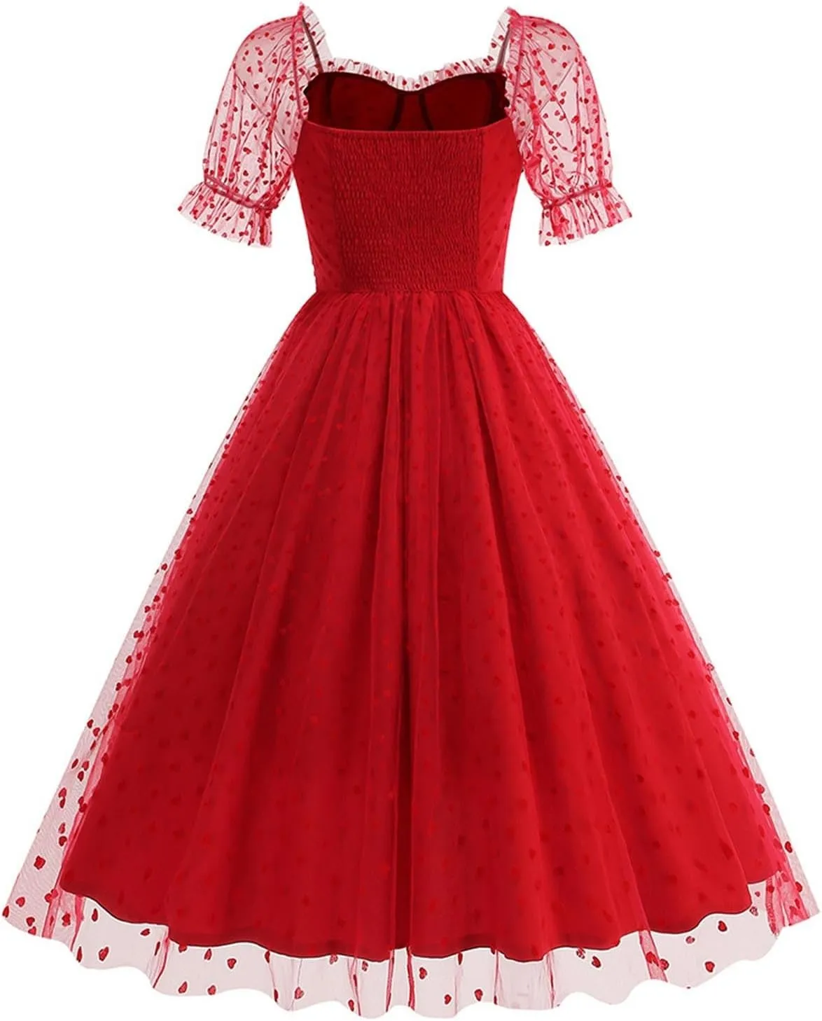 Women 1950s Vintage Puff Sleeve Heart Tulle Mesh Homecoming Swing Dress Lace Up Wedding Guest Cocktail Tea Party Dresses