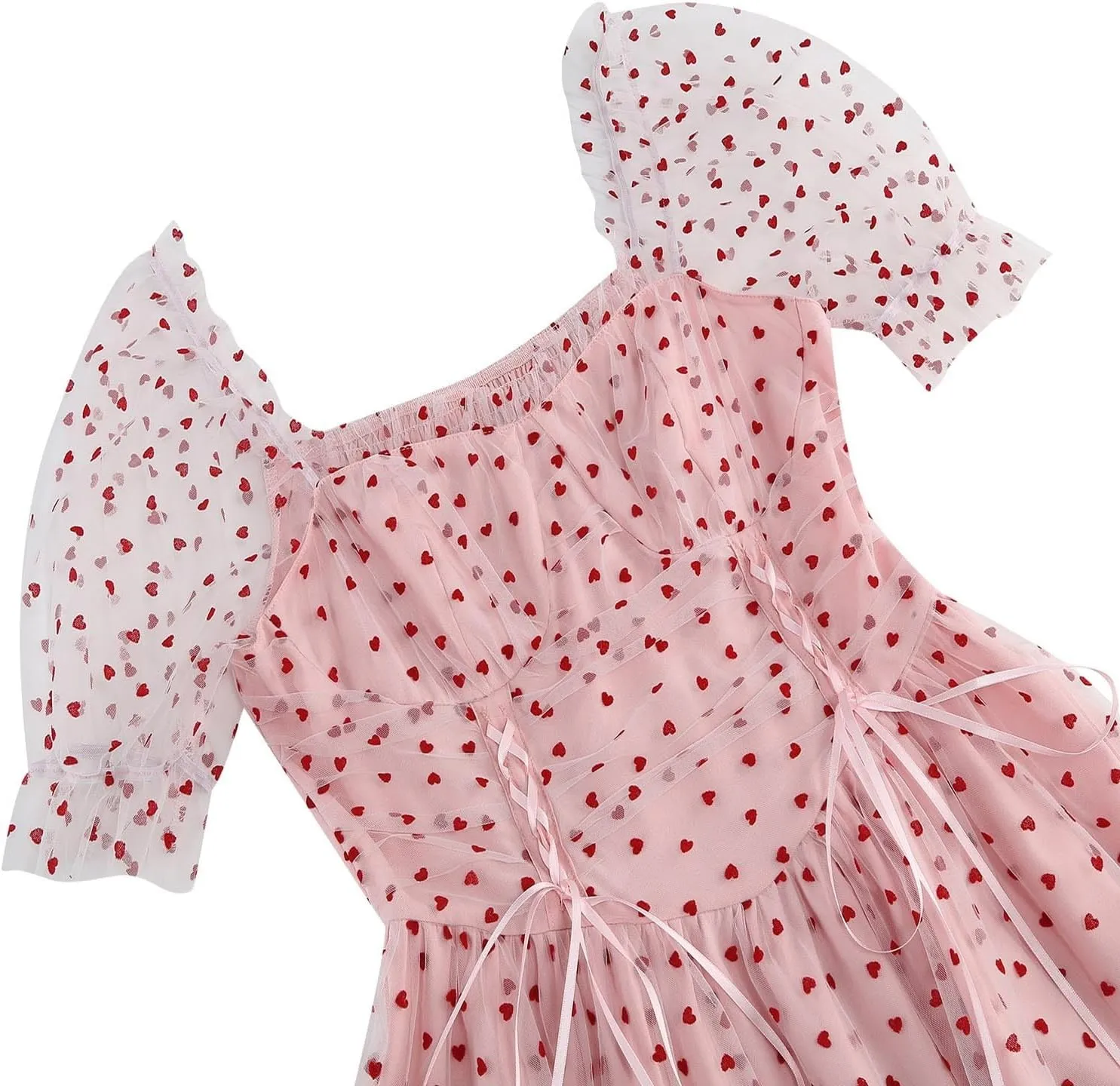 Women 1950s Vintage Puff Sleeve Heart Tulle Mesh Homecoming Swing Dress Lace Up Wedding Guest Cocktail Tea Party Dresses