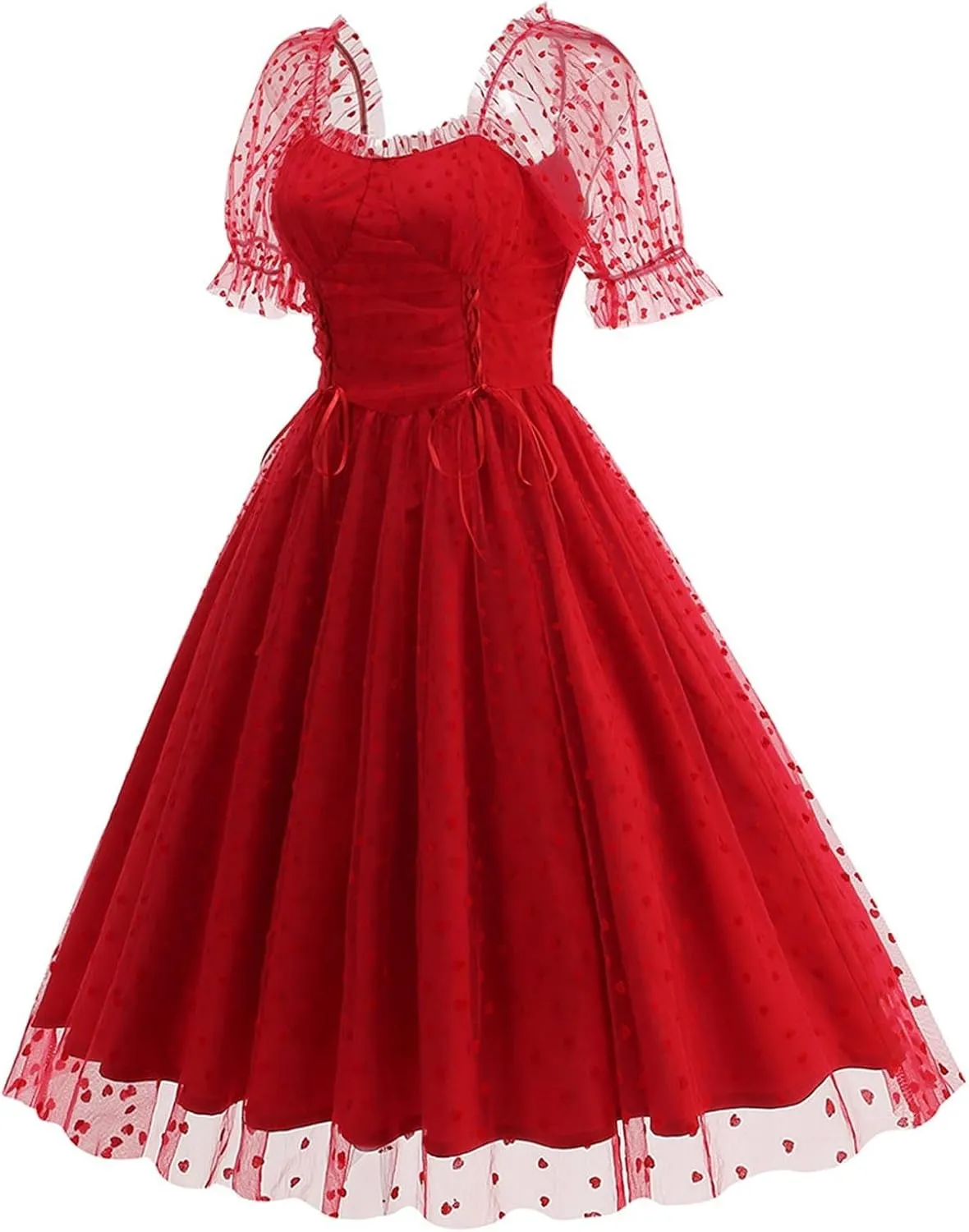 Women 1950s Vintage Puff Sleeve Heart Tulle Mesh Homecoming Swing Dress Lace Up Wedding Guest Cocktail Tea Party Dresses