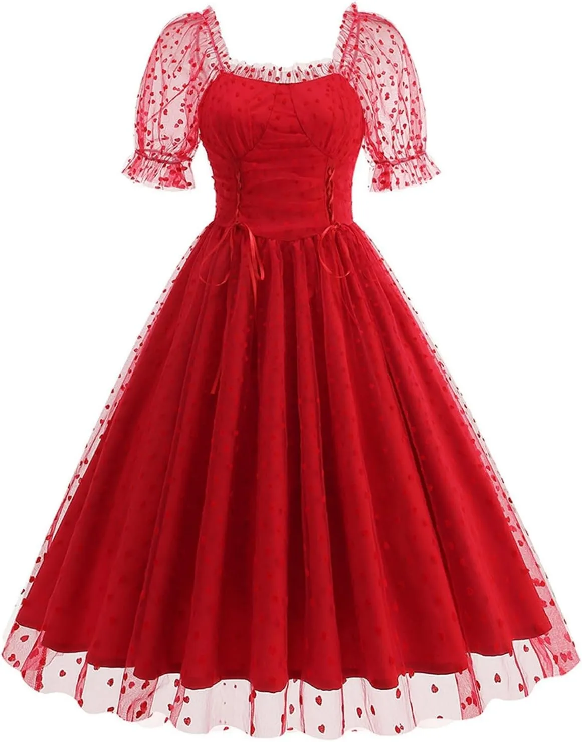 Women 1950s Vintage Puff Sleeve Heart Tulle Mesh Homecoming Swing Dress Lace Up Wedding Guest Cocktail Tea Party Dresses