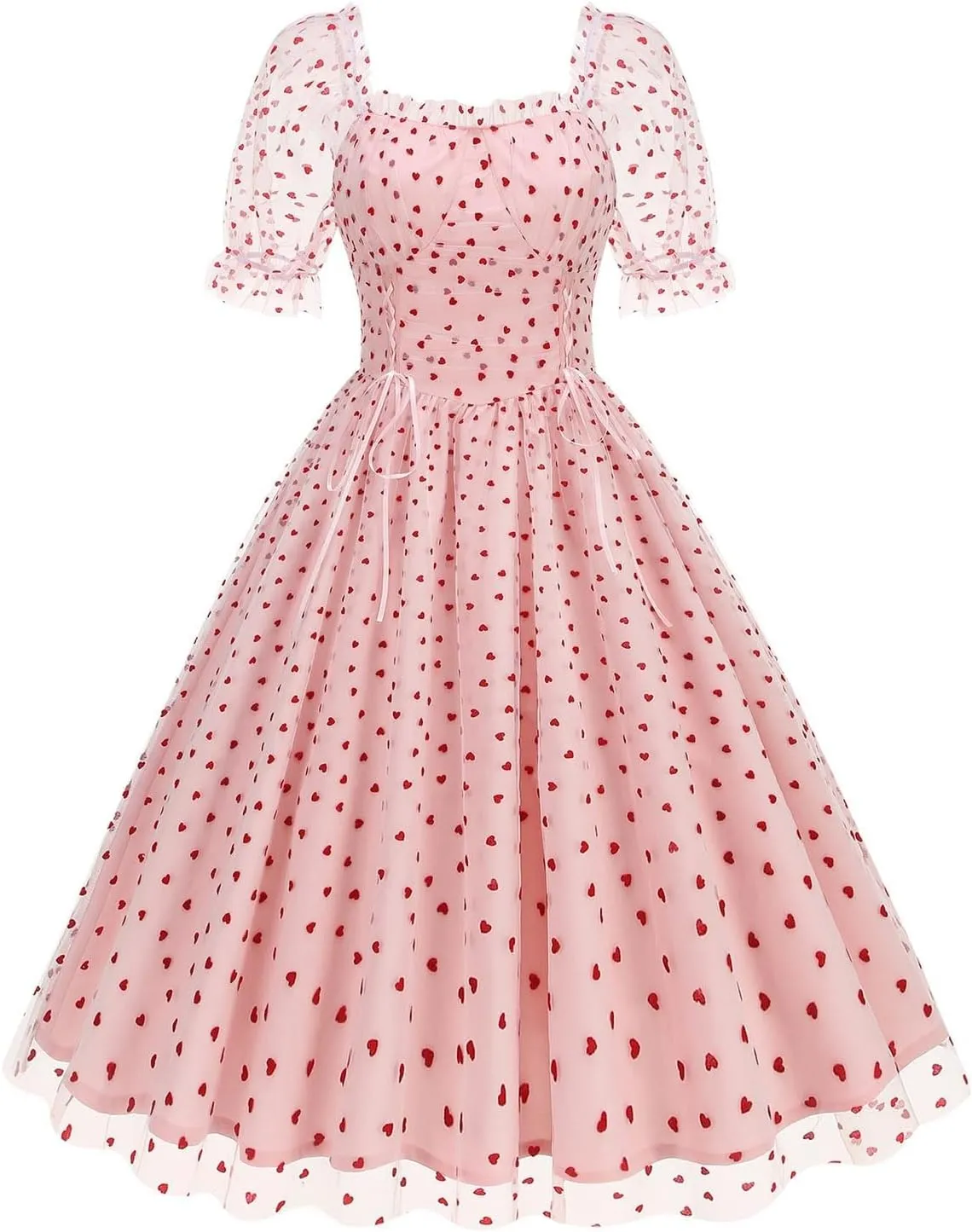 Women 1950s Vintage Puff Sleeve Heart Tulle Mesh Homecoming Swing Dress Lace Up Wedding Guest Cocktail Tea Party Dresses