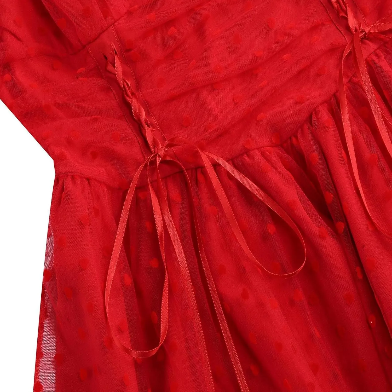 Women 1950s Vintage Puff Sleeve Heart Tulle Mesh Homecoming Swing Dress Lace Up Wedding Guest Cocktail Tea Party Dresses