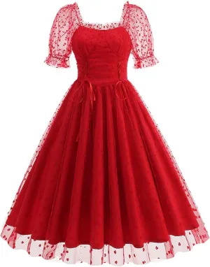 Women 1950s Vintage Puff Sleeve Heart Tulle Mesh Homecoming Swing Dress Lace Up Wedding Guest Cocktail Tea Party Dresses
