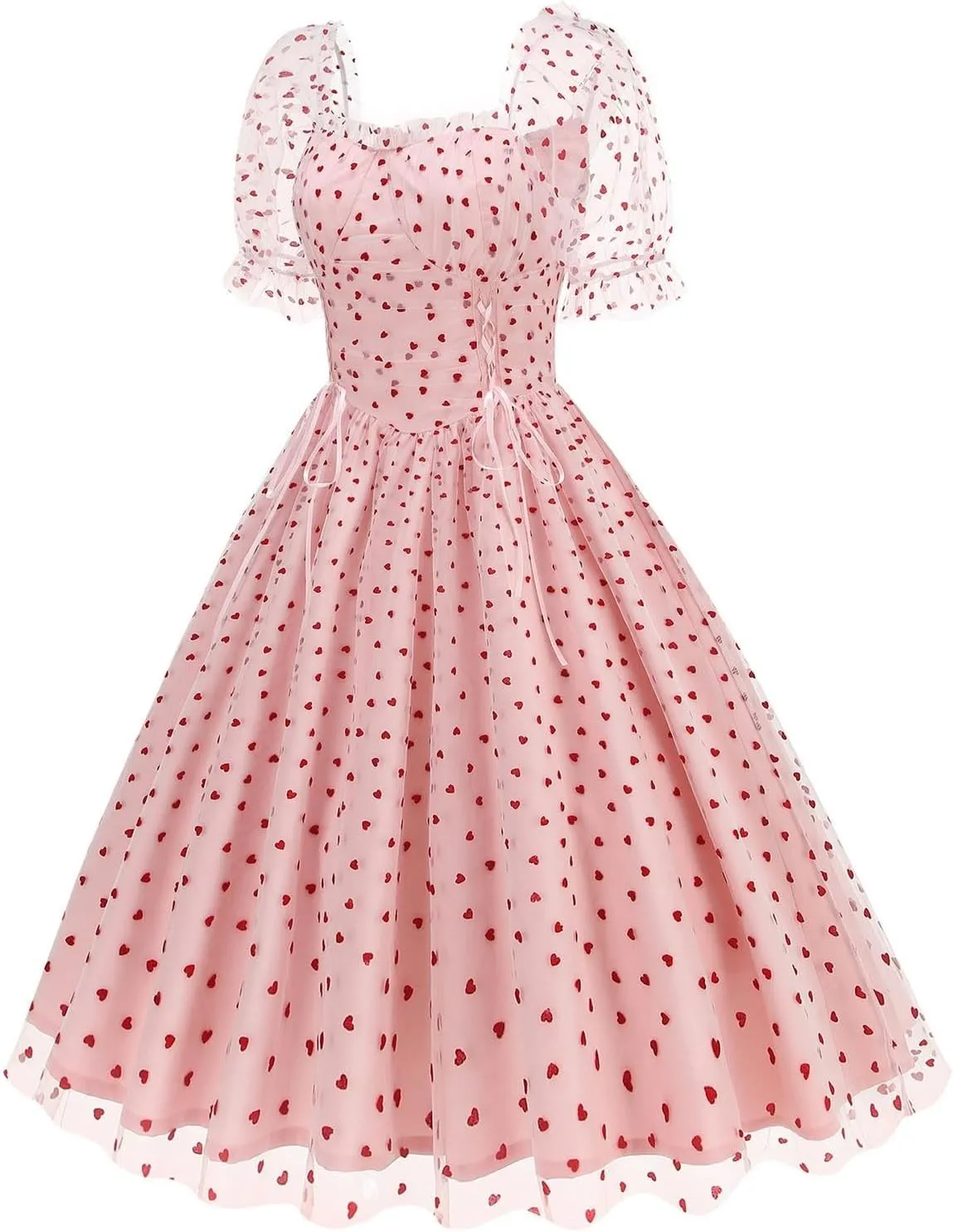 Women 1950s Vintage Puff Sleeve Heart Tulle Mesh Homecoming Swing Dress Lace Up Wedding Guest Cocktail Tea Party Dresses