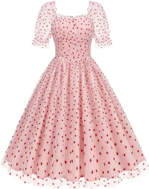 Women 1950s Vintage Puff Sleeve Heart Tulle Mesh Homecoming Swing Dress Lace Up Wedding Guest Cocktail Tea Party Dresses