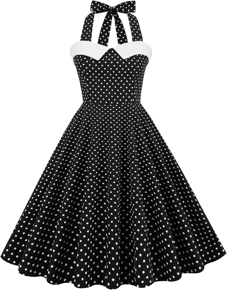 Women 50s 60s Vintage Sleeveless Polka Dot Cocktail Swing Dress Retro Audrey Hepburn Patchwork Midi Evening Rockabilly Dress