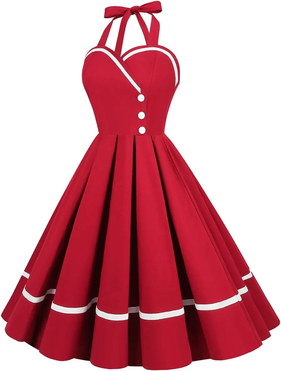 Women 50s 60s Vintage Sleeveless Polka Dot Cocktail Swing Dress Retro Audrey Hepburn Patchwork Midi Evening Rockabilly Dress