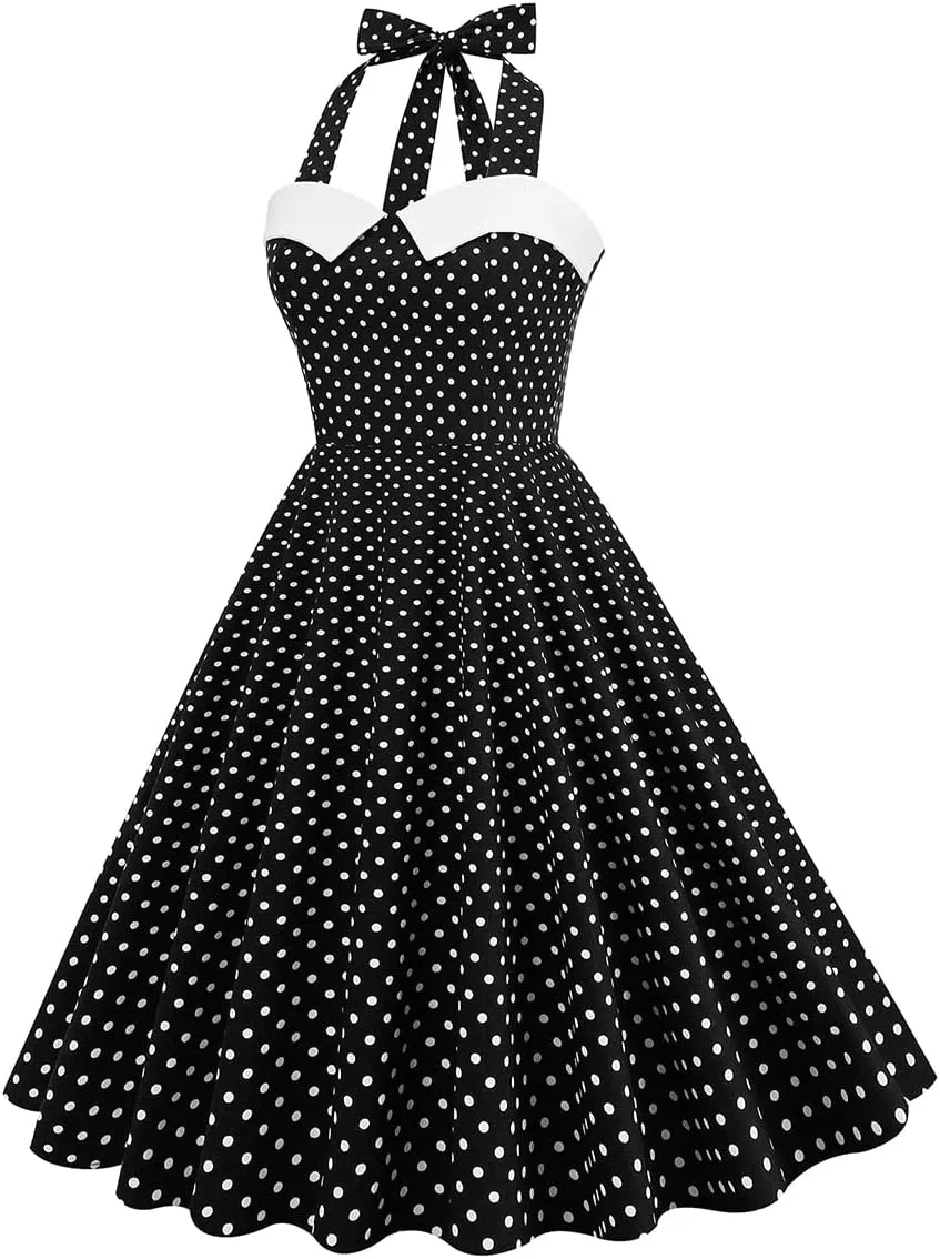 Women 50s 60s Vintage Sleeveless Polka Dot Cocktail Swing Dress Retro Audrey Hepburn Patchwork Midi Evening Rockabilly Dress