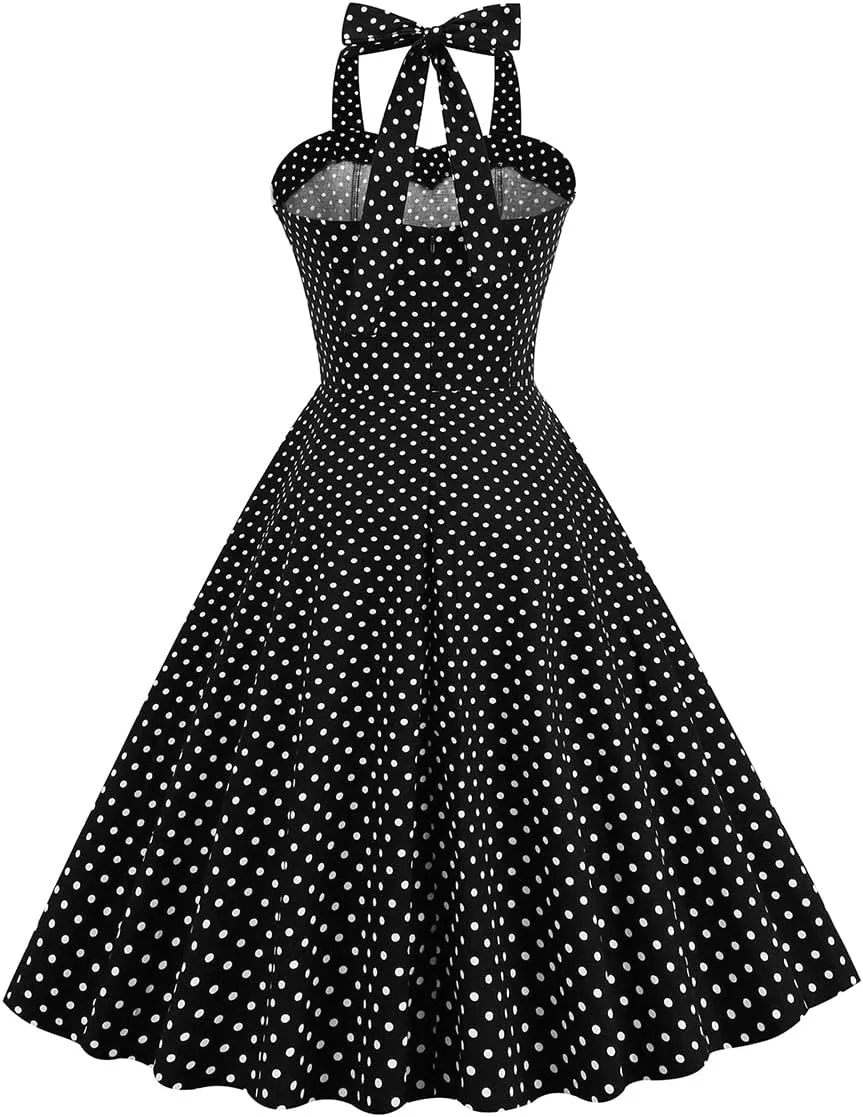 Women 50s 60s Vintage Sleeveless Polka Dot Cocktail Swing Dress Retro Audrey Hepburn Patchwork Midi Evening Rockabilly Dress