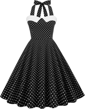 Women 50s 60s Vintage Sleeveless Polka Dot Cocktail Swing Dress Retro Audrey Hepburn Patchwork Midi Evening Rockabilly Dress