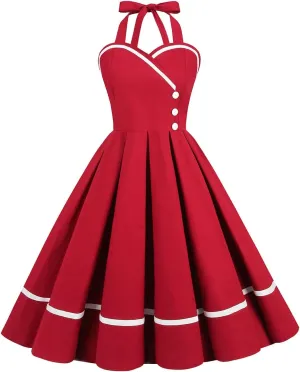 Women 50s 60s Vintage Sleeveless Polka Dot Cocktail Swing Dress Retro Audrey Hepburn Patchwork Midi Evening Rockabilly Dress