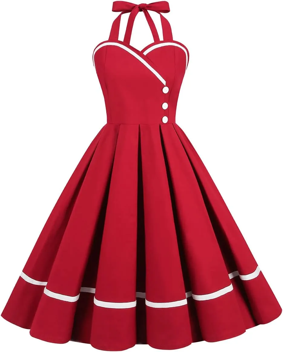 Women 50s 60s Vintage Sleeveless Polka Dot Cocktail Swing Dress Retro Audrey Hepburn Patchwork Midi Evening Rockabilly Dress