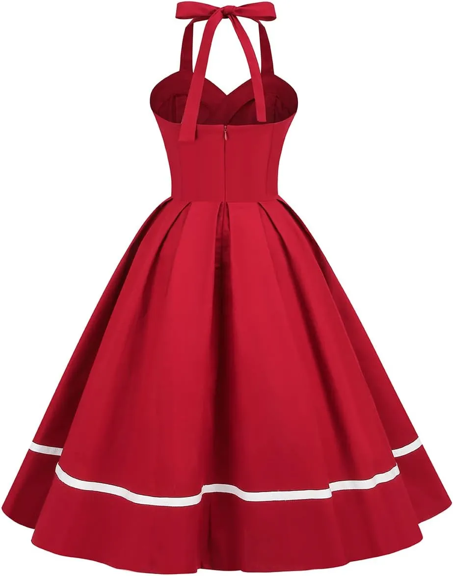 Women 50s 60s Vintage Sleeveless Polka Dot Cocktail Swing Dress Retro Audrey Hepburn Patchwork Midi Evening Rockabilly Dress