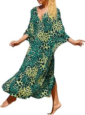 Women Animal Print Kaftan Dresses Plus Size Swimsuit Coverup 2025 Summer Bathing Suit Caftan Loungewear Beach Dress