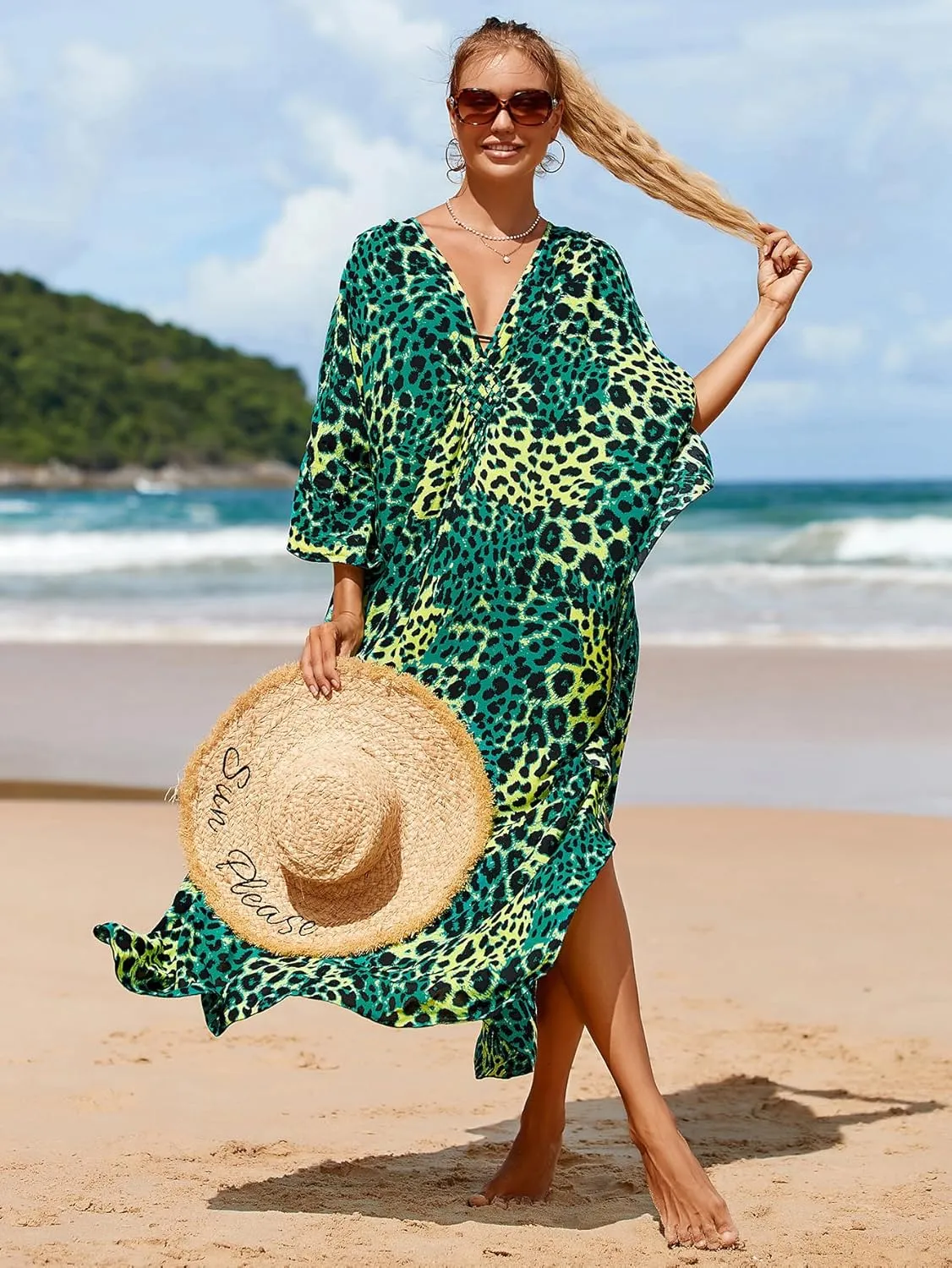 Women Animal Print Kaftan Dresses Plus Size Swimsuit Coverup 2025 Summer Bathing Suit Caftan Loungewear Beach Dress