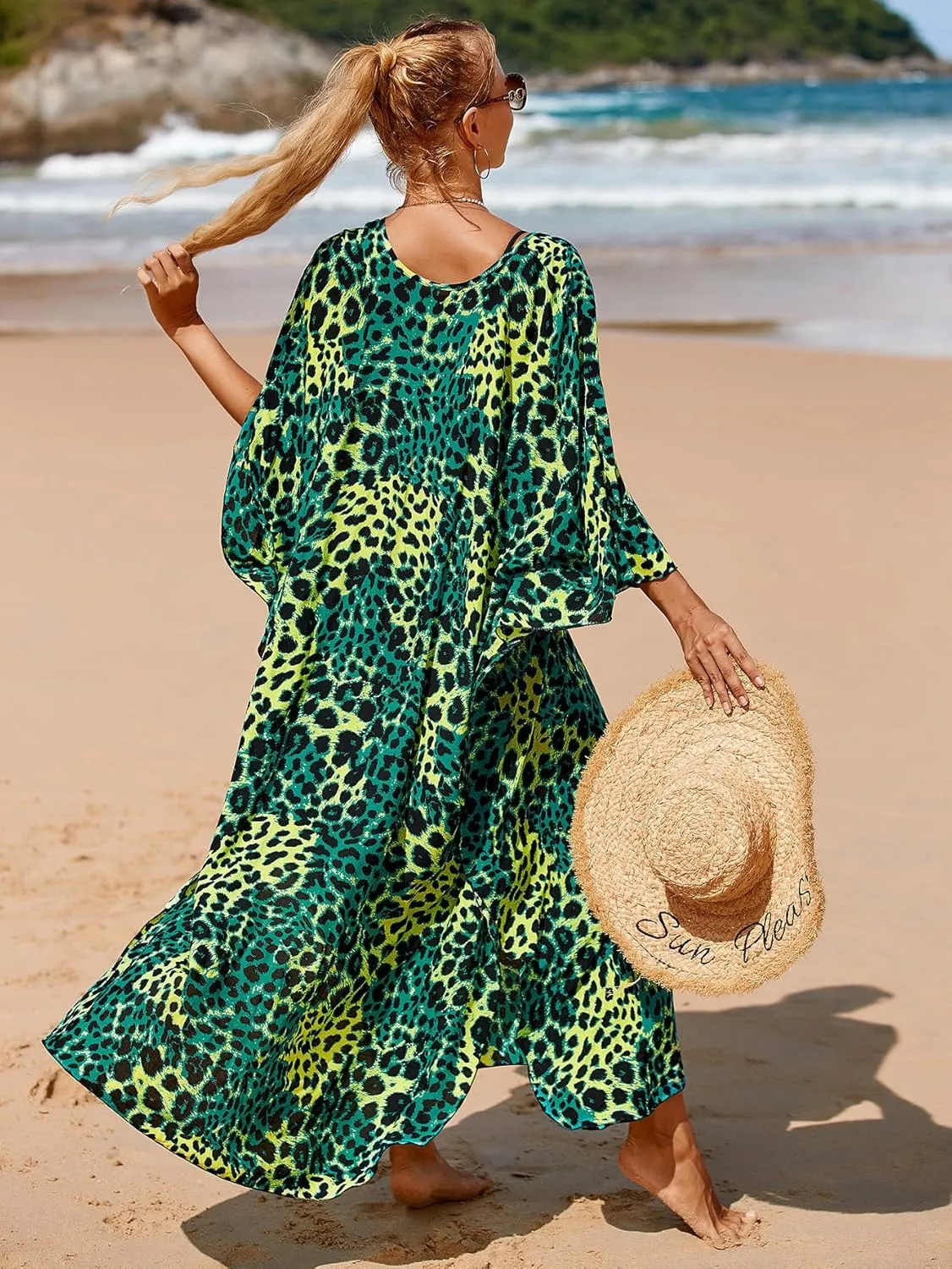 Women Animal Print Kaftan Dresses Plus Size Swimsuit Coverup 2025 Summer Bathing Suit Caftan Loungewear Beach Dress