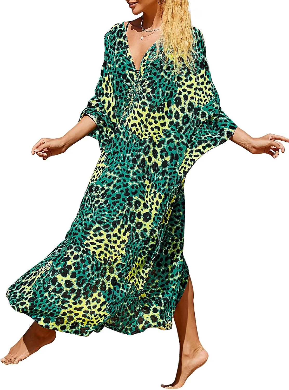 Women Animal Print Kaftan Dresses Plus Size Swimsuit Coverup 2025 Summer Bathing Suit Caftan Loungewear Beach Dress