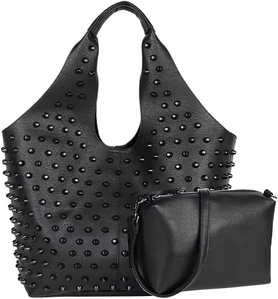 Women Black Big Tote 2 Pcs Rivet Studded Handbag PU Shoulder Bag Satchels Purses