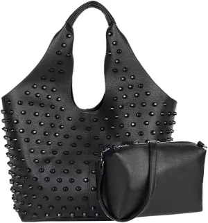 Women Black Big Tote 2 Pcs Rivet Studded Handbag PU Shoulder Bag Satchels Purses