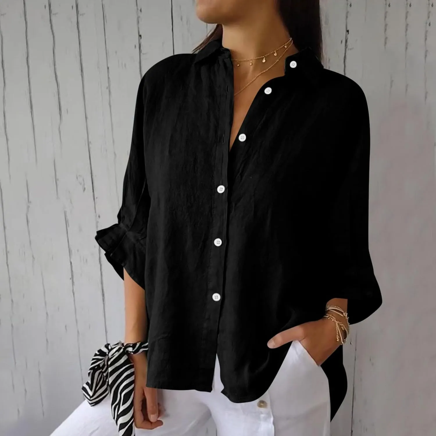 Women Button Down Shirts Cotton Linen Blouse Tops 3/4 Sleeve Gauze Collar Shirt Tunic Loose Fit Fashion Trendy Clothes