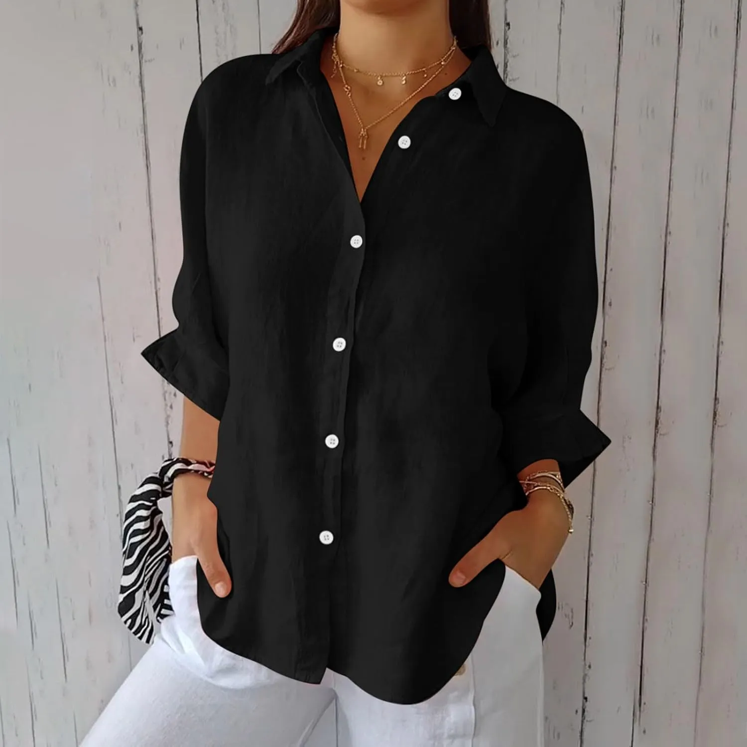 Women Button Down Shirts Cotton Linen Blouse Tops 3/4 Sleeve Gauze Collar Shirt Tunic Loose Fit Fashion Trendy Clothes