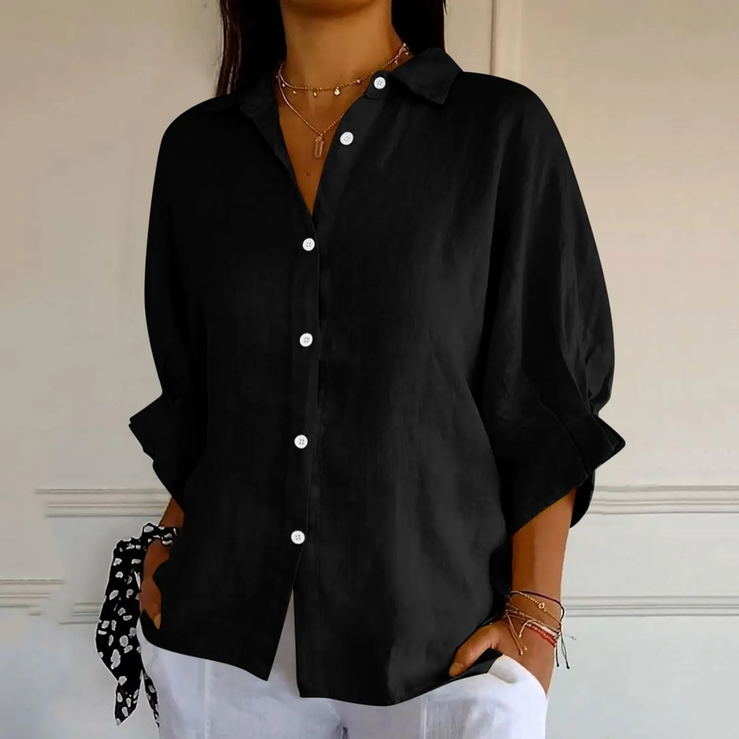Women Button Down Shirts Cotton Linen Blouse Tops 3/4 Sleeve Gauze Collar Shirt Tunic Loose Fit Fashion Trendy Clothes