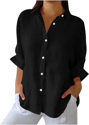 Women Button Down Shirts Cotton Linen Blouse Tops 3/4 Sleeve Gauze Collar Shirt Tunic Loose Fit Fashion Trendy Clothes