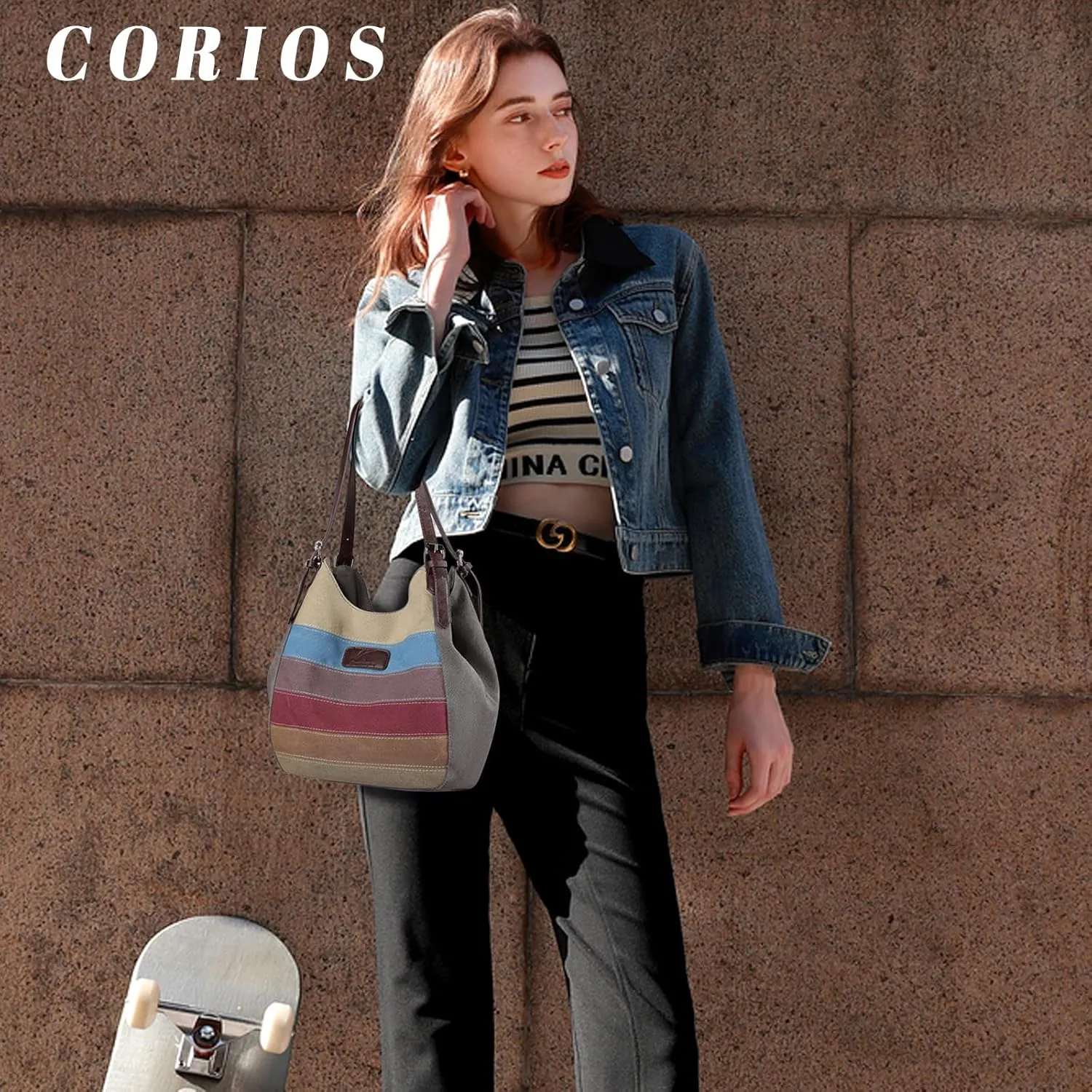Women Canvas Shoulder Bag Multi-Colour Striped Handbag Large Capacity Top Handle Bag Casual Hobo Bag Tote Bag