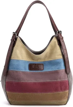 Women Canvas Shoulder Bag Multi-Colour Striped Handbag Large Capacity Top Handle Bag Casual Hobo Bag Tote Bag