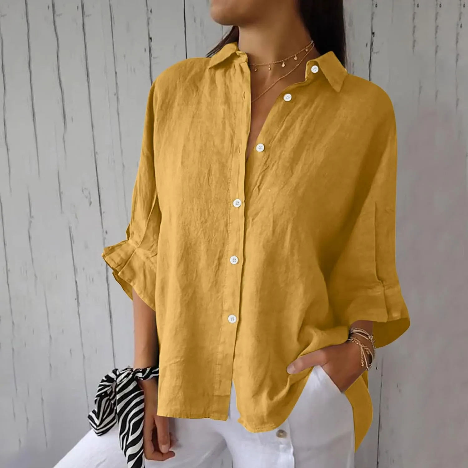 Women Casual Half Sleeve Button Down Shirts Summer Solid Casual Cotton Linen Tops Tie Back Design Fashion T Shirt