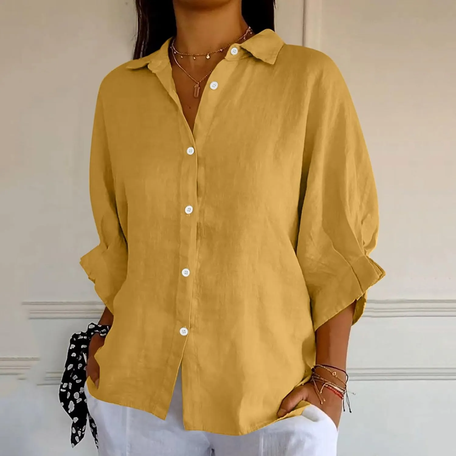 Women Casual Half Sleeve Button Down Shirts Summer Solid Casual Cotton Linen Tops Tie Back Design Fashion T Shirt
